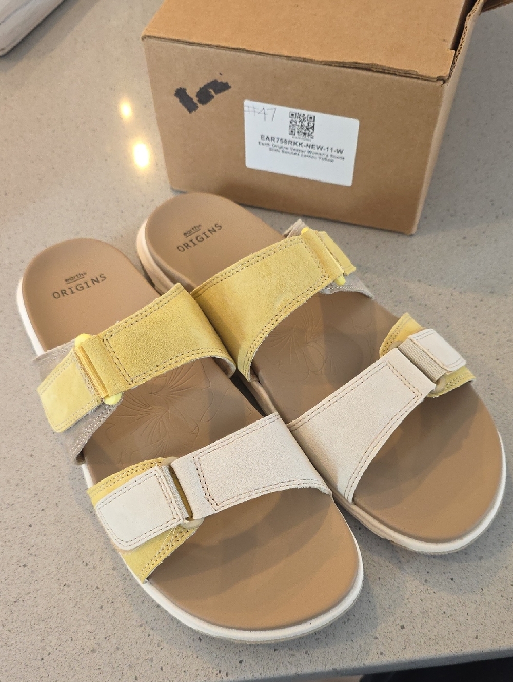 Earth Origins Women's Yellow and Cream Double Strap Slide Sandals